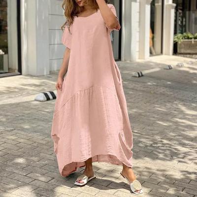 Damen Literarischer Stil Einfarbige Lockere Baumwoll-Leinen-Kleider Sommer O-Ausschnitt Pullover Freizeitkleider Damen Seitliche Doppeltaschen Robe