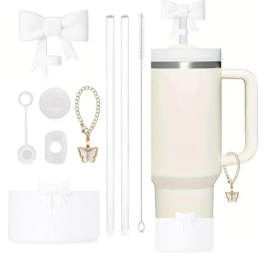 9-teiliges auslaufsicheres Stopper-Set für Stanley Cup Silikon-Boot Charm-Kette Strohhalm und Bürste 10-mm-Strohhalm-Abdeckkappe Schmetterlingskette