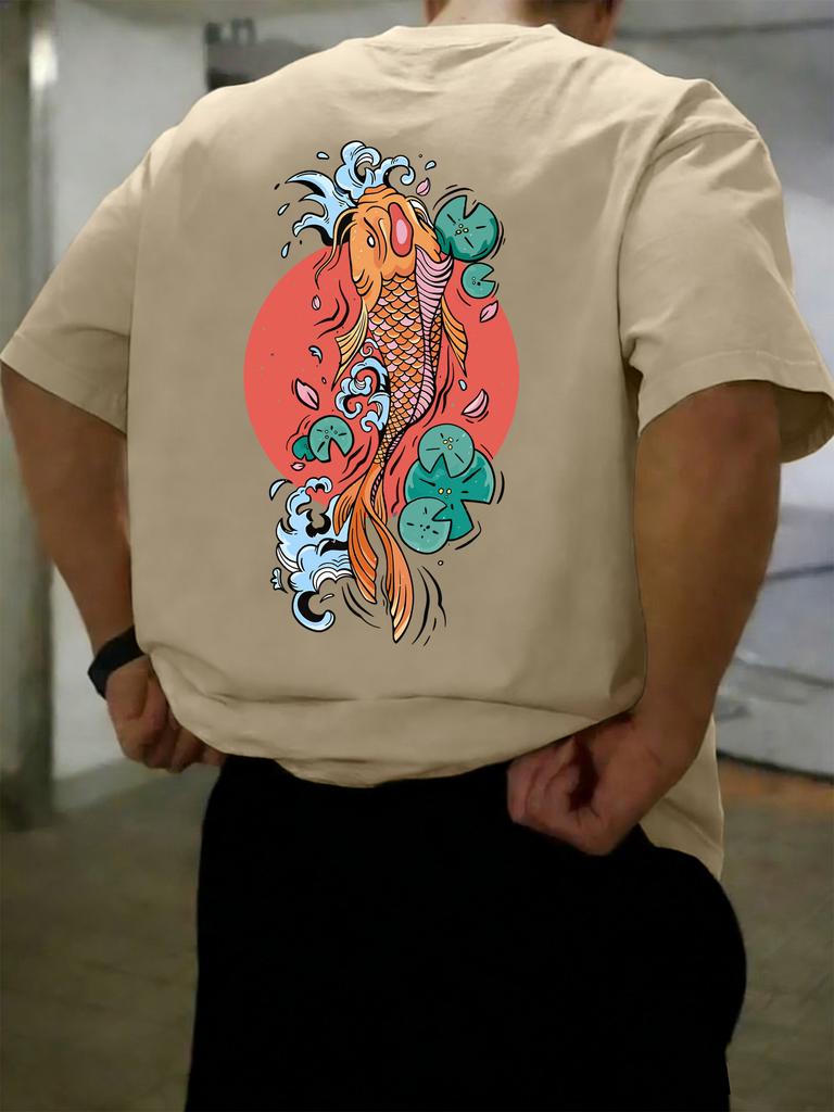 Japanese Koi Fish Mens Tshirt Loose Shortsleeved Summer Casual Pure Cotton Retro Clothing Suitable for Both Men Women