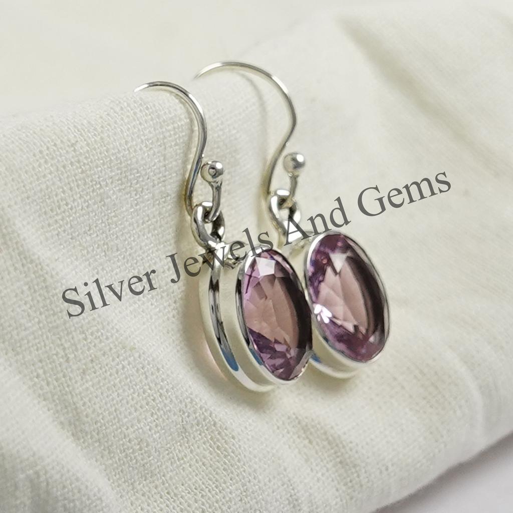 Pink Quartz Earring, 925 Sterling Silver Earrings, Oval Earring, Pink Gemstone Earrings, Birthday Earrings, Gift for Her, Handmade Earrings