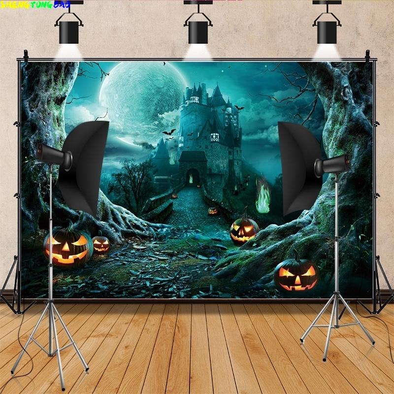 Halloween Backdrop Full Moon Scary Night Castle Trees Pumpkin Lantern Photography Background Kids Adult Family Party Decor WH-01