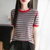 New Summer Pure Cotton Knitted Casual Loose Bottom Striped Color-blocking Short-sleeved Korean Version Simple Top Short-sleeved Women's Style