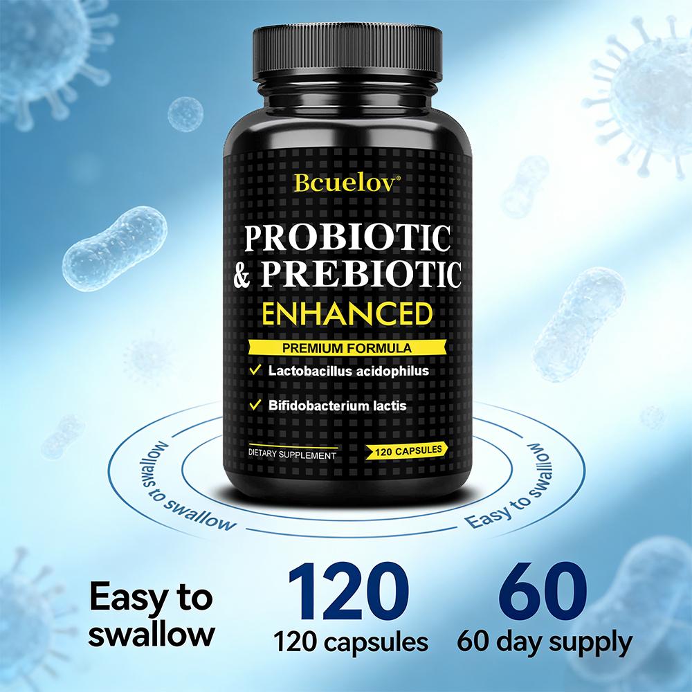 Bcuelov Probiotics and Prebiotics Capsules, containing 440 million live bacteria, 120 capsules.