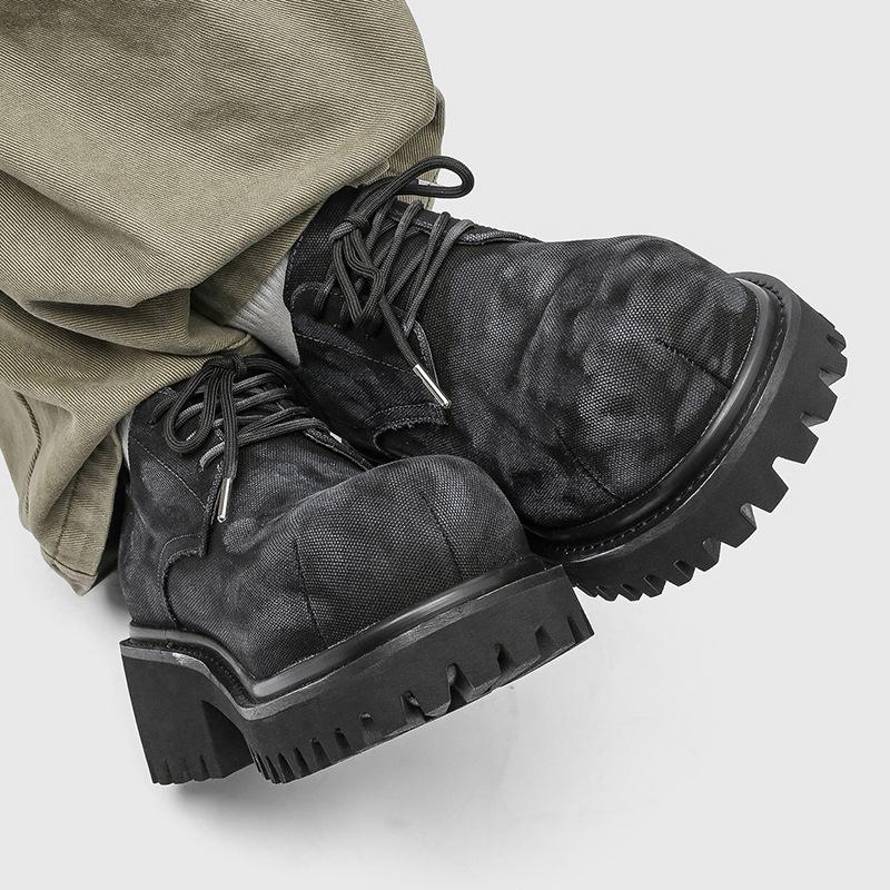 New  Men's Washed Denim Casual Shoes Increased Height Big Head Leather Shoes Spring Autumn Pure Color Adult Shoes