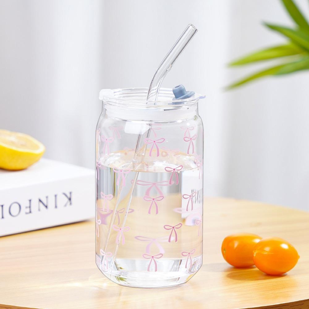 

High Temperature Resistant Bow Cups With Lids Glass Straw Cups Bowknot Glasses for Making Coffee Pink - No Glass Straw