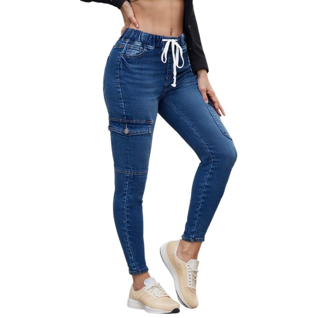 Dámské Skinny Trendy Džíny S Dírami Strečové Džínové Kalhoty Elastický Pas Se Stahovací Šňůrkou Džínové Kalhoty