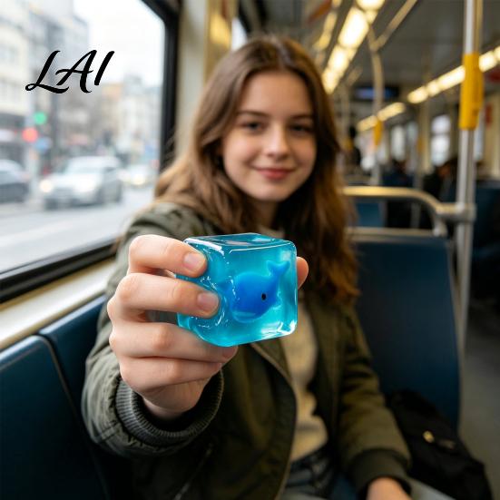 Portable Anxiety Relief Toy Glow-in-the-Dark Stress Cube Toy Squeeze Sensory Clear with Luminous Sea Animal Inside