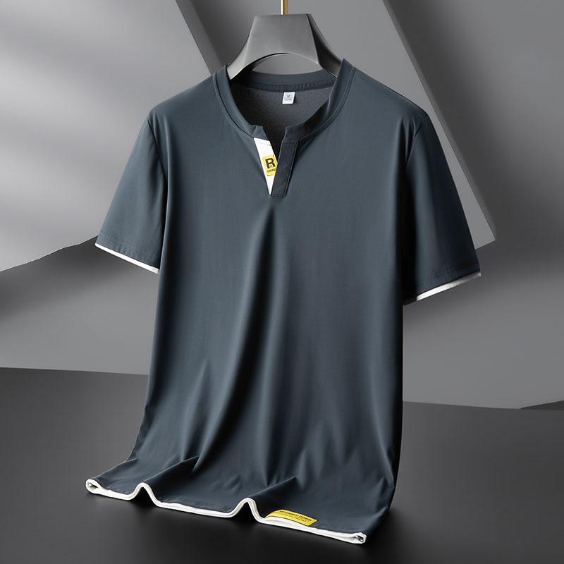 Camiseta de manga corta de seda de hielo para hombre, camisa fina y transpirable de verano, ropa deportiva de secado rápido con cuello en V