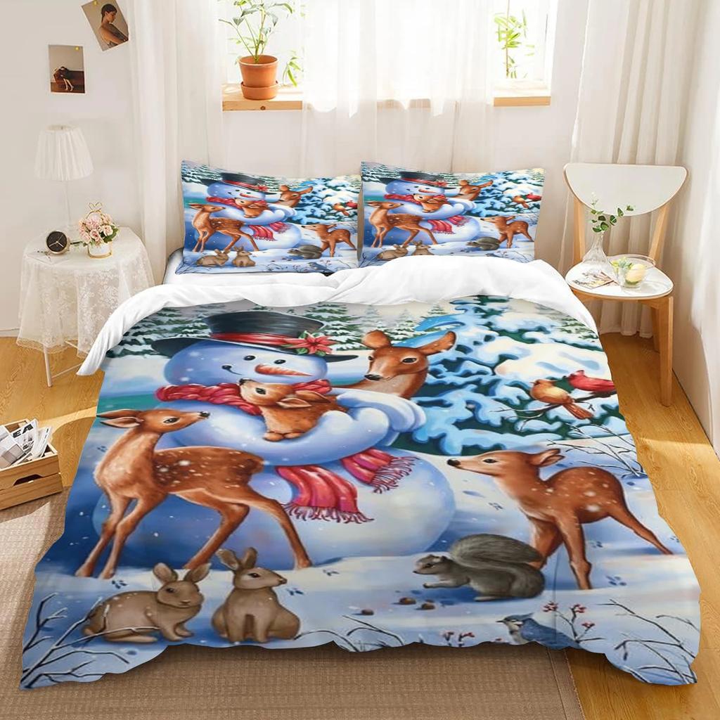 Christmas Snowman Cartoon Printed Polyester Duvet Cover Pillow Set Duvet Cover King Size Bedding Set Holiday Children Gifts