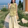 Women Chinese Style Sleeveless Vest Wide Leg Pants Two Piece Set