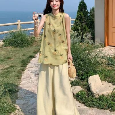 Women Chinese Style Sleeveless Vest Wide Leg Pants Two Piece Set