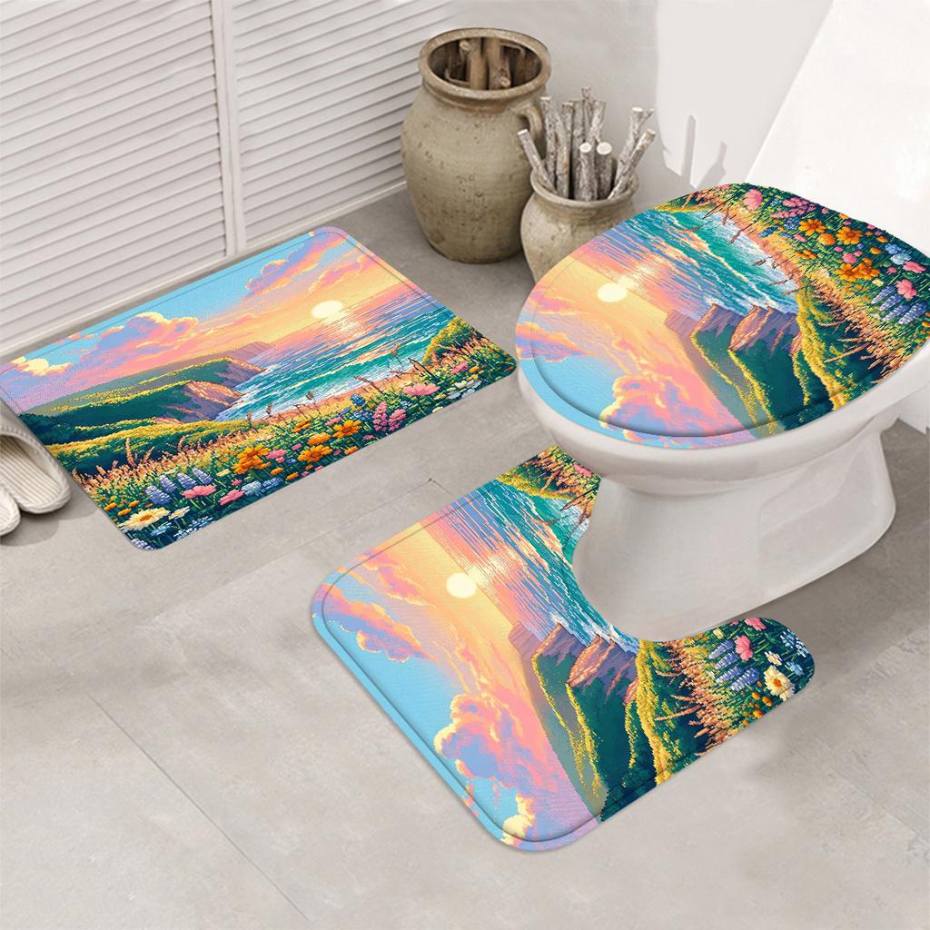 Tenda Doccia Decorativa Campo di Fiori Set Bagno - Lavabile in Lavatrice, Con 12 Ganci, Incluso Copri Sedile WC e Vasca da Bagno