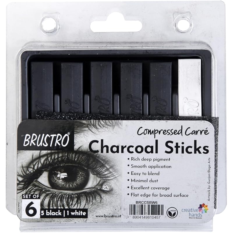 BRUSTRO Artist Compressed Carre Charcoal Sticks - Set of 6 (5 Black & 1 White Stick) | Ideal for Portrait Charcoal Art,