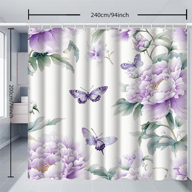 1pc Purple flowered butterfly Shower Curtain with Metal Grommets, Polyester Bath Curtain Widow Curtain Bathroom Decor & Accessor