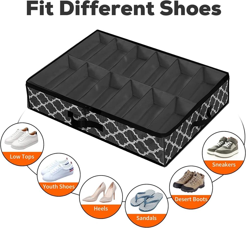 Under Bed Shoe Storage Organizer Fits 12 Pair Sneakers, Sturdy Structure Ultra Thick Fabic Sneaker Storage, Foldable Shoe Boxes