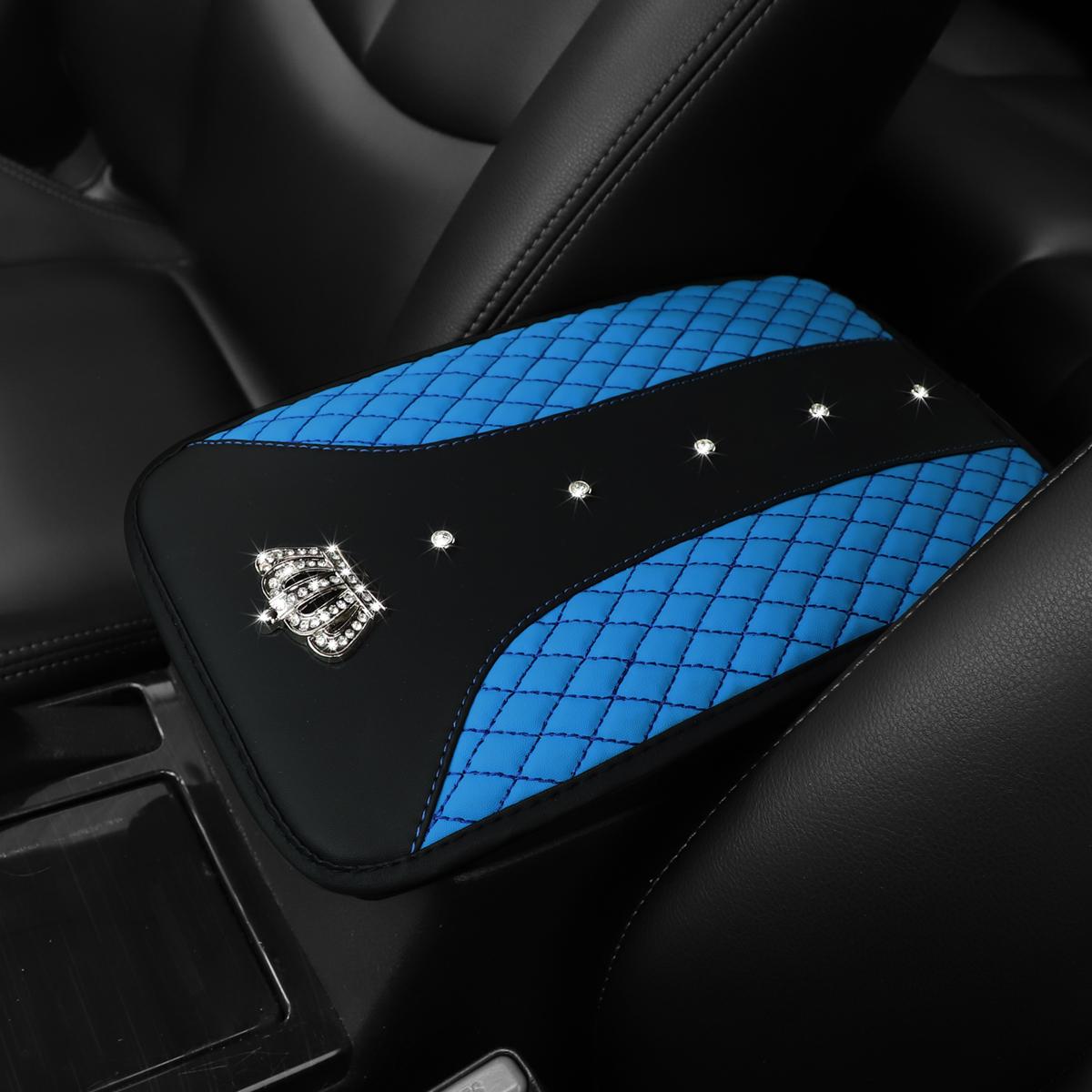 

1 Car Armrest Pad with Artificial Diamond Blingbling Metal Crown Artificial Sheepskin Embroidered Waterproof Comfort Car Supplie синий