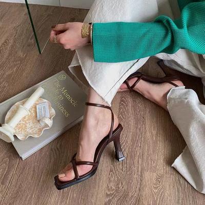 2023 Summer Narrow Band Heel Sandals Women Thick Heel 7 CM Ankle Strap Fashion Square Toe Ladies Dress Women's Shoes