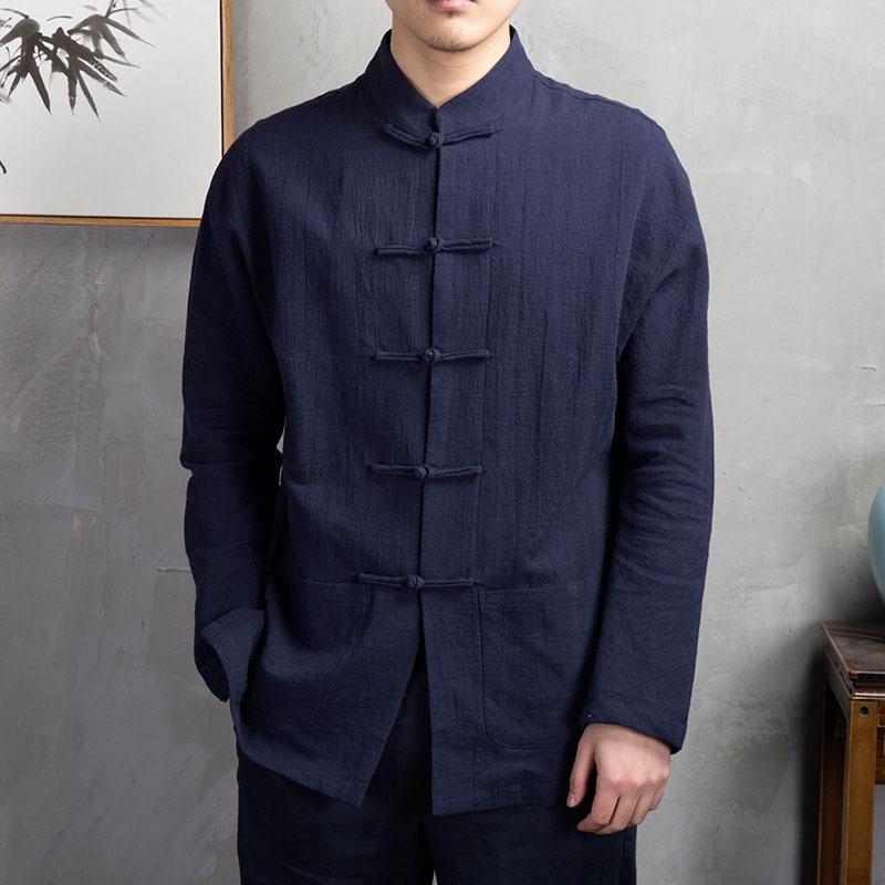 Long Sleeve Cotton and Linen Top Chinese Men's Retro Shirt