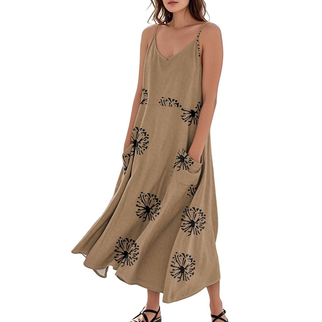 Women's Casual V Neck Dot Print Sleeveless Pocket Suspender Dress