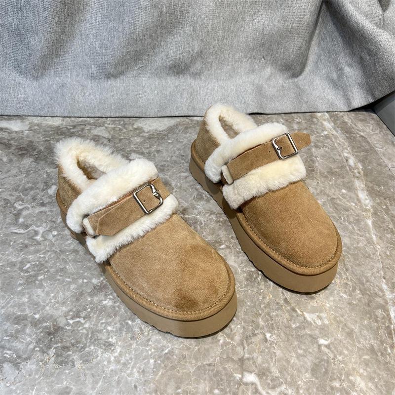 European Station frosted soft leather shoes winter round head one pedal muffin bottom warm shallow mouth cotton shoes board shoes