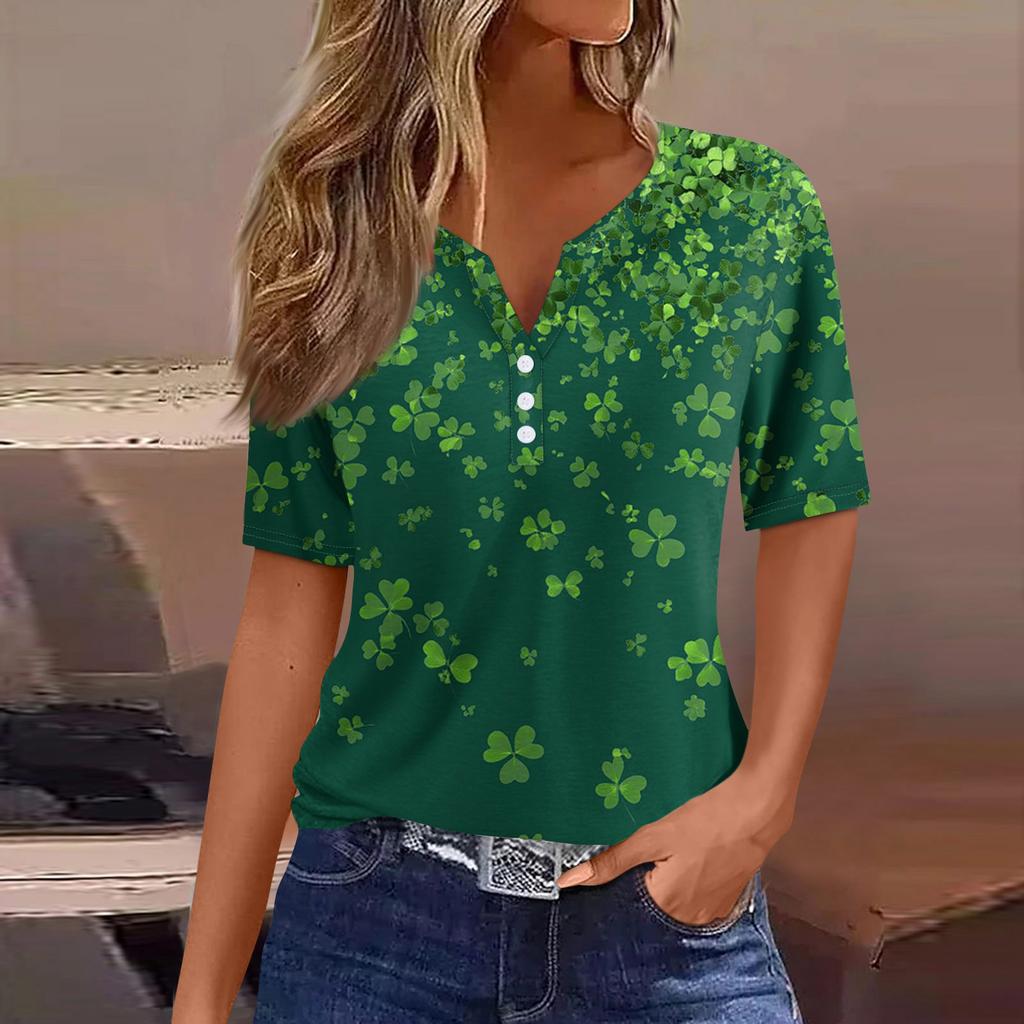 Women's T Shirt Tee Print Button Short Sleeve Daily Weekend Fashion Basic V- Neck Regular Top  St. Patrick's Day