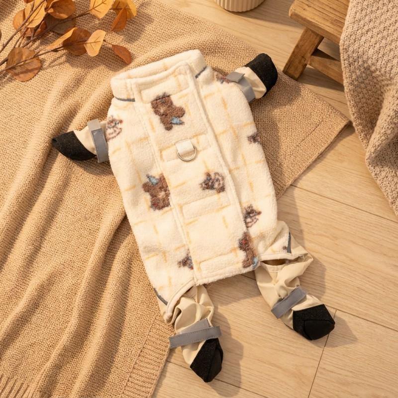 Warm Winter Pet Full-Body Coverall Dogs Cats Anti-Dust Fleece Outfit With Leash Hole