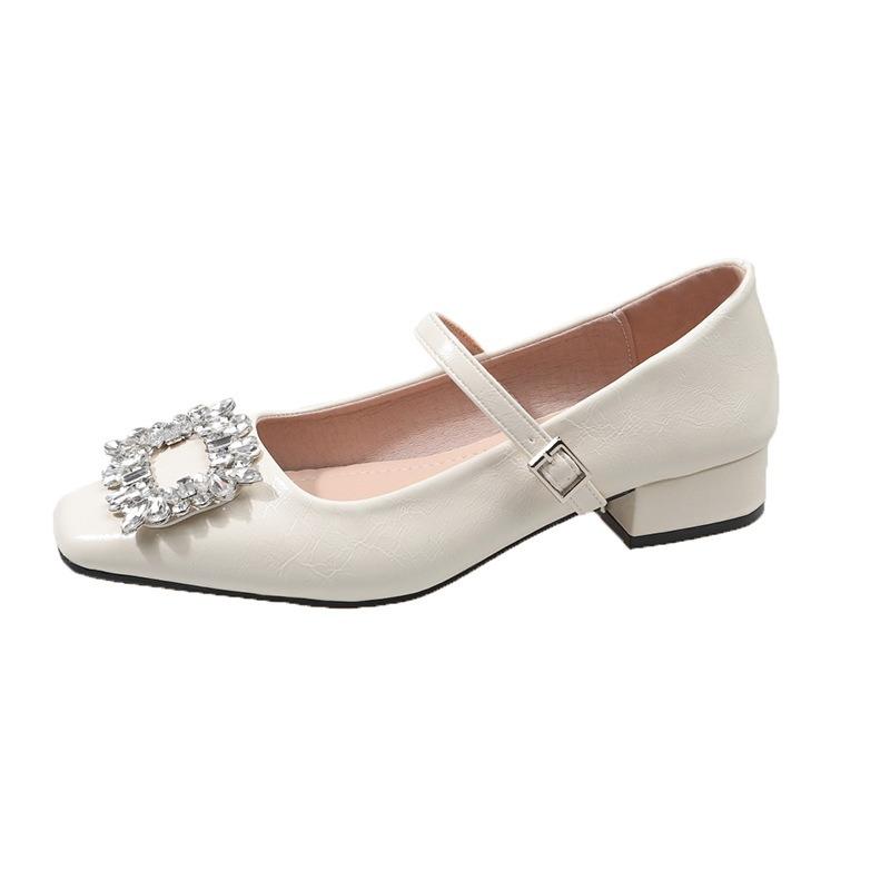 Mary Jane Shoes Women's Spring New Rhinestone Square Buckle Fashion Single Shoes Square Head Thick Heel High Heels Women