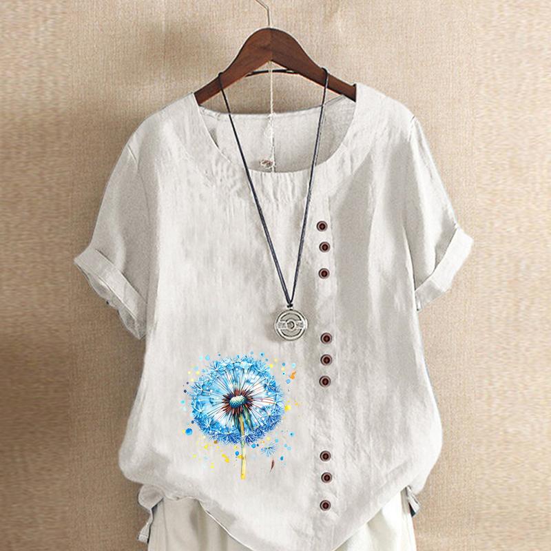 Women's Fashion Blue Dandelion Prined Short Sleeve T-shirt Loose Cotton Shirt Casual Loose Summer Blouse Tops Plus Size
