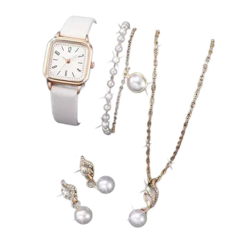 Women's watch, simple new model, five-piece set, round jewelry wristwatch set, women's high-end, light luxury, fashionable women's watch