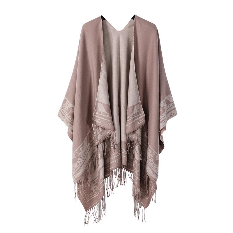Women's European & American Double-Sided Solid Color Cape Shawl with Striped Edge