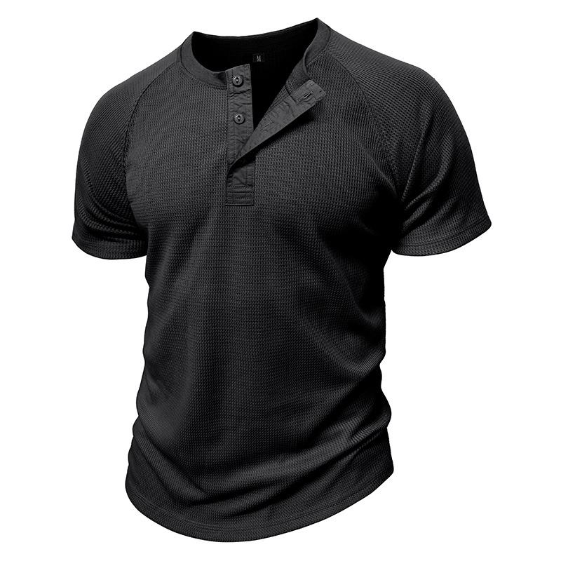 

European and American Styel Men’s Summer Henry Shirt Short Sleeve T-shirt Solid Round Neck Button Waffle Top XXL чорний