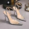 Fashion Pointy Transparent Sandals 2024 New Summer Leather Net Red With A Line With Rhinodrill High Heels Female Stiletto Bun Head