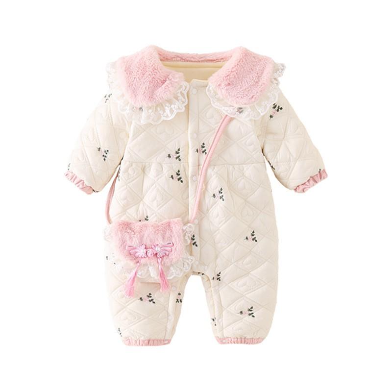 Baby Winter Romper Girls Long Sleeve Cotton Footless Bodysuit With Snap Thick Warm Outfit 66-90cm Infants