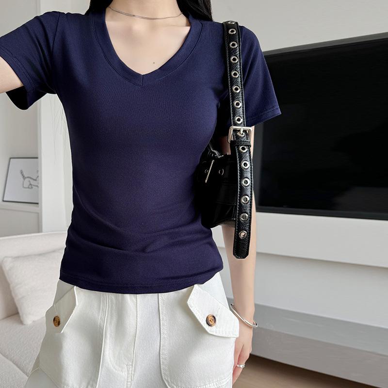 Navy Blue Slim Shoulder Short-sleeved T-shirt for Women In Summer New Style Inner Waist Top Slim and Casual Base Shirt