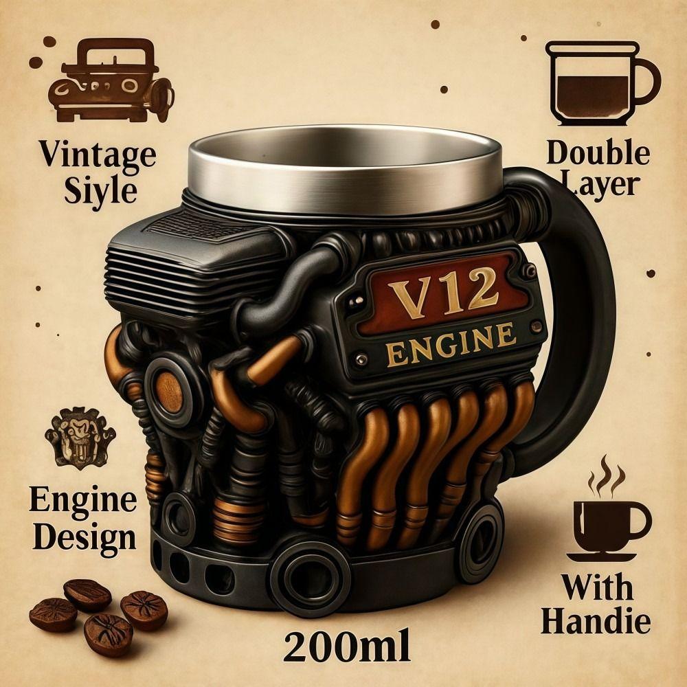 Taza de acero inoxidable con asa para motor V12, estilo retro, con aislamiento, ideal como regalo para hombres y niños.