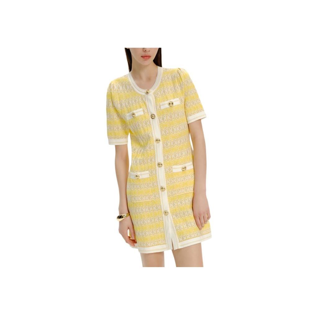 Karl Lagerfeld Fashionable Waist-Defined Color-Blocked Button-Detail Short Sleeve Mini Dress Women Dresses Yellow E41W1308