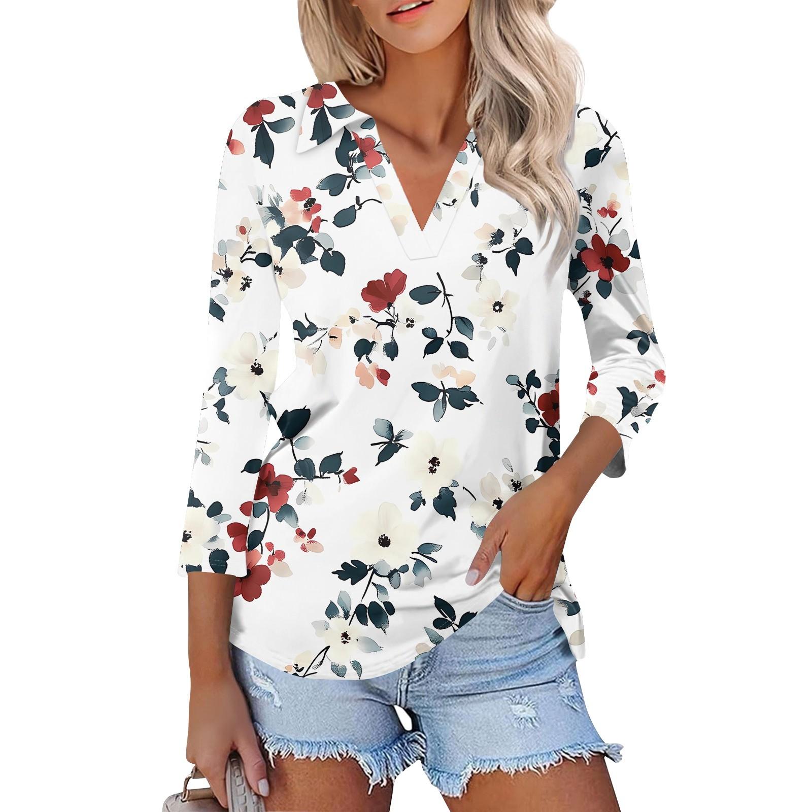 

Women s Fashion Casual Lapel 3/4 Sleeve Printed Shirt Women s V Neck Up Tops XXL