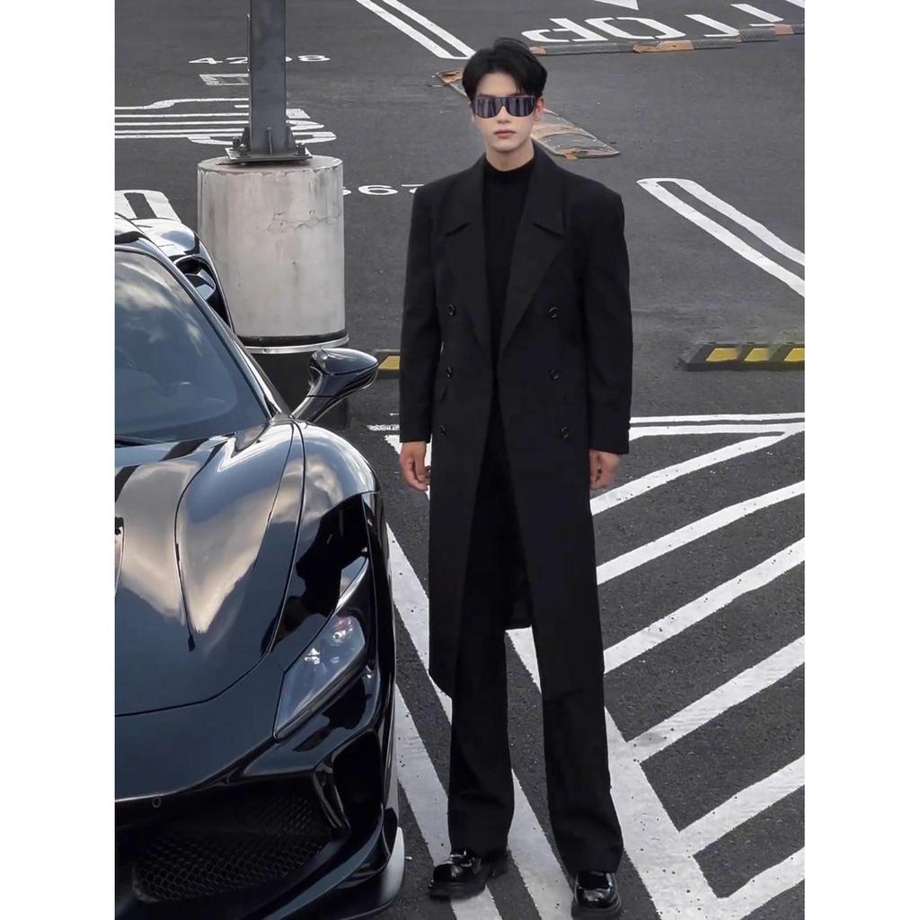 French-Inspired Men's Double-Breasted Trench Coat - Autumn/Winter, Mature Korean Trend, Drop Shoulder Woolen Style