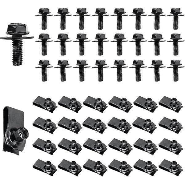 10 PCS Car Body Bolt & U-Nut Kit, Hex Screw U Nut Clip for Fender Bumper Hood Shield Panel Radiator, Universal Automotive Push Pull Metal Fastener