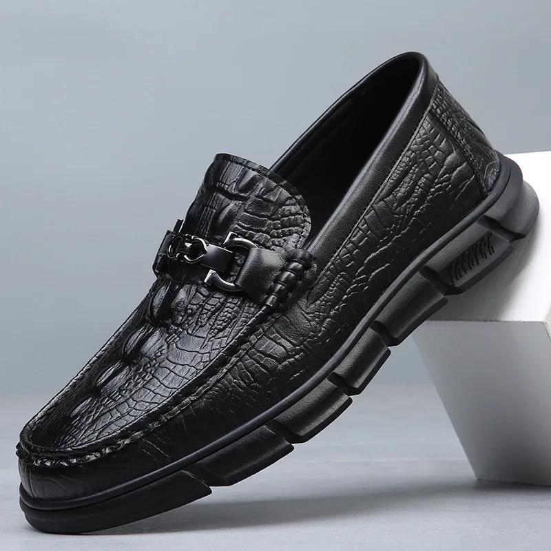 Fashion Genuine Leather Casual Loafers for Men Fashion New Designer Crocodile Print Spring Autumn Shoes Male Soft Sole Luxury Shoes Man