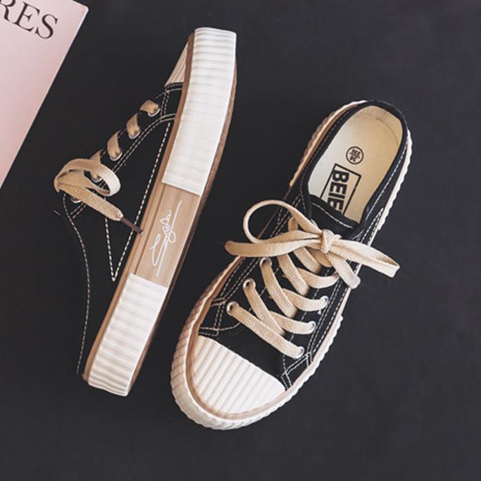 Kekse halbschlepp Sommer neue Canvas-Schuhe Damen Low-Top Slipper halbe Stütze Ein-Pedal-Hausschuhe lässige Damenschuhe