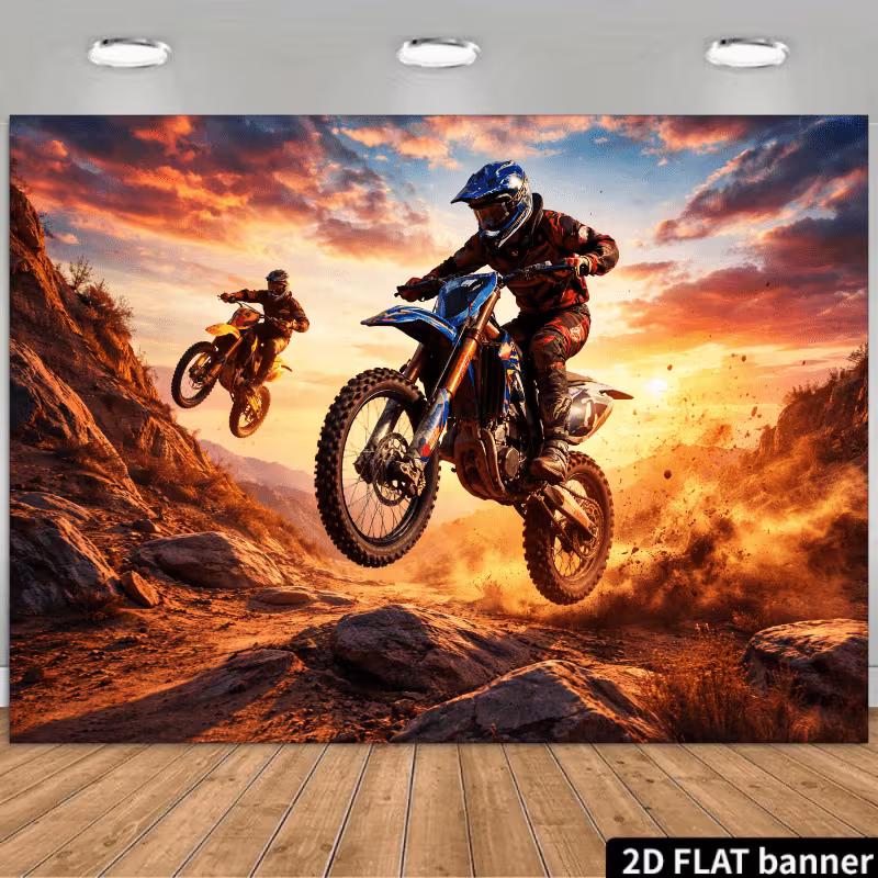 2D Motocross Rider Backdrop Dirt Bike Sunset Mountain Photography 47.2x31.5inch/120*80cm