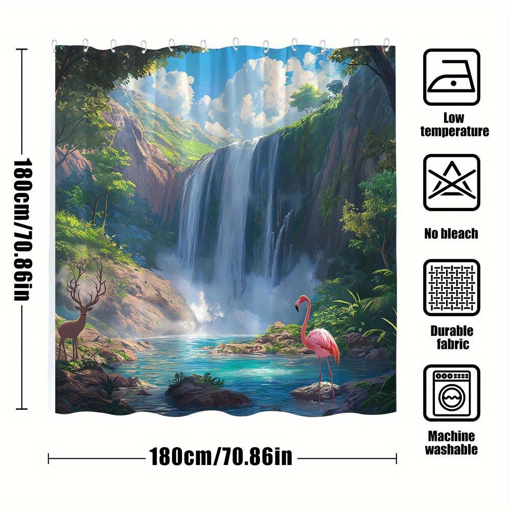 1pc Fantasy Waterfall Shower Curtain - Vibrant Tropical Landscape with Pink Flamingo & Majestic Deer, Machine Washable Polyester