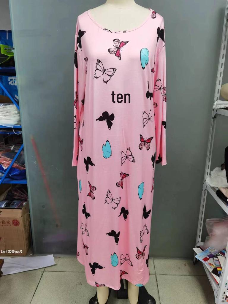 2025 European Plus Size Long Sleeve Butterfly Heart Leopard Print Nightgown