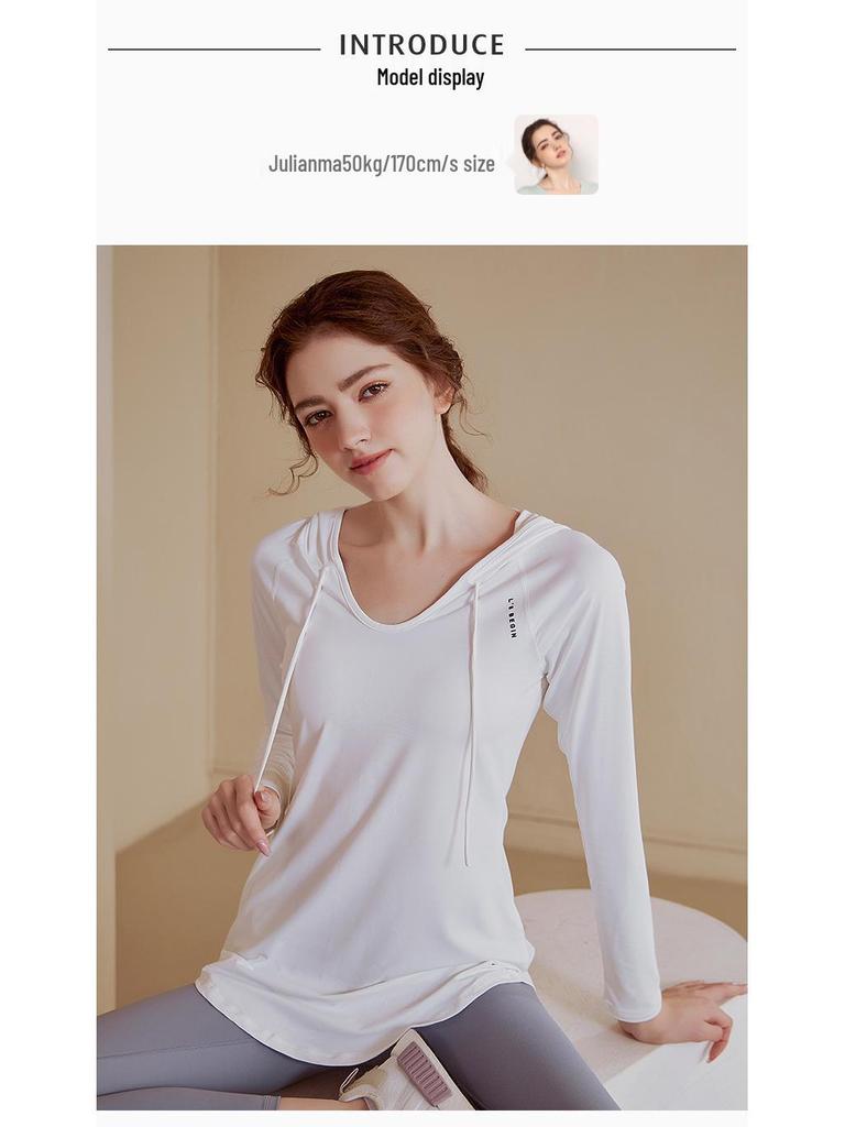 Damska luźna bluza fitness z kapturem i długim rękawem - Casualowy top do jogi o średniej długości, wygodny na jesień