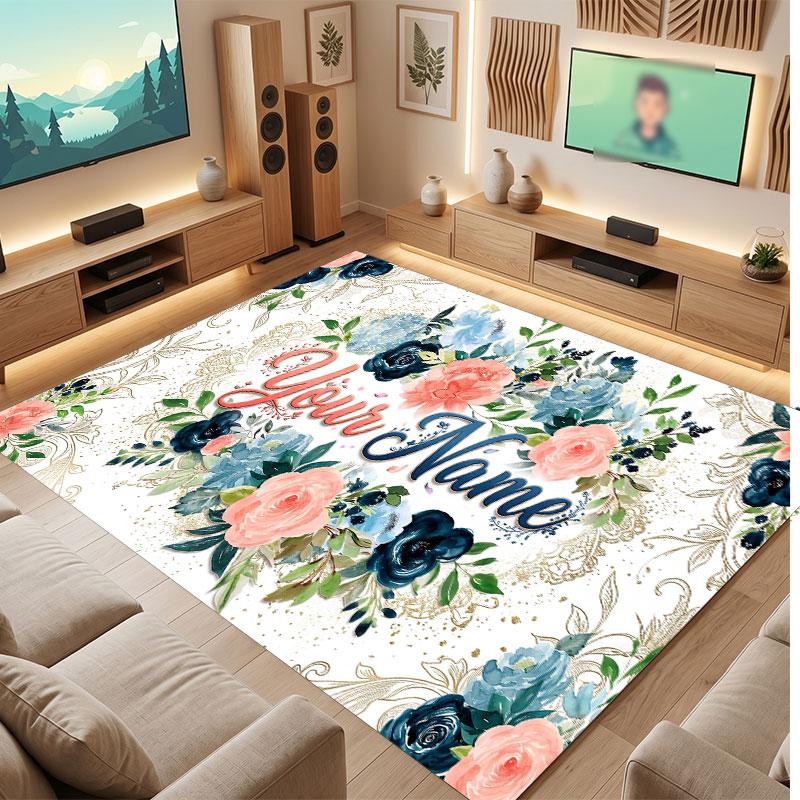 Floral Garden Theme Crystal Velvet Floor Rug Personalized Custom Name Text Warm Carpet Home Decoration