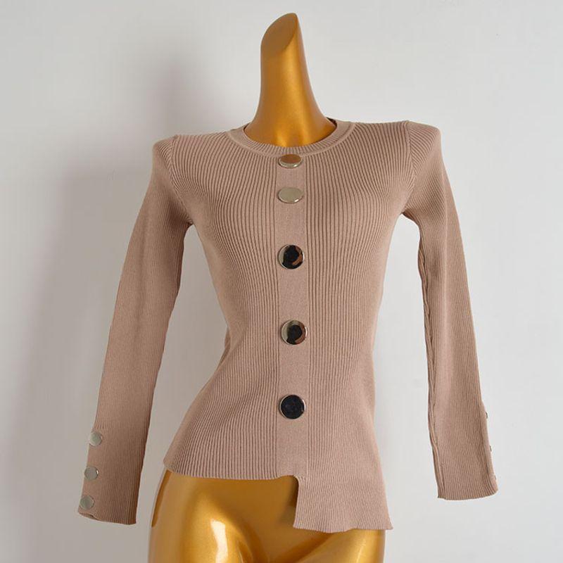 Spring & Fall New Round Neck Pullover Asymmetrical Metal Buckle Long Sleeves Bottoming Shirt Women's Fashion All-Matching Knitwear Tops