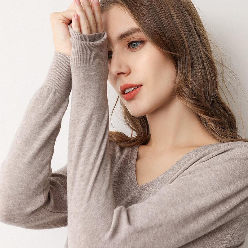 Leichter V-Ausschnitt Strickpullover - Damen einfarbiger Pullover für Frühling & Herbst