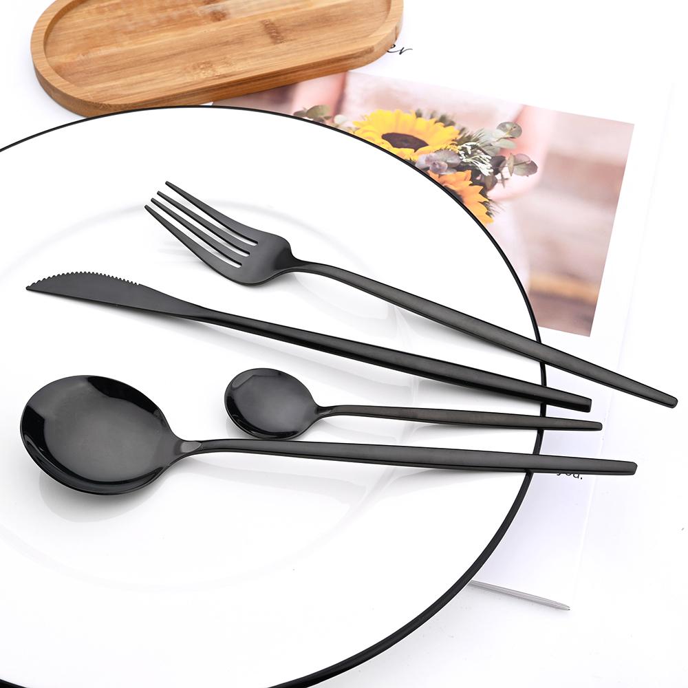 JANKNG Western 24pcs Dinnerware Set Stainless Steel Cutlery Set Black Knife Fork Spoon Silverware Set Flatware Set Tableware Set