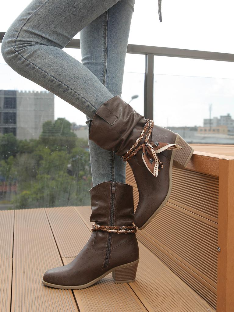 Women'S Western Boots Autumn And Winter Side Zipper High Heels Short Boots Retro Pointed Toe Chunky Heels Ankel Boots For Women